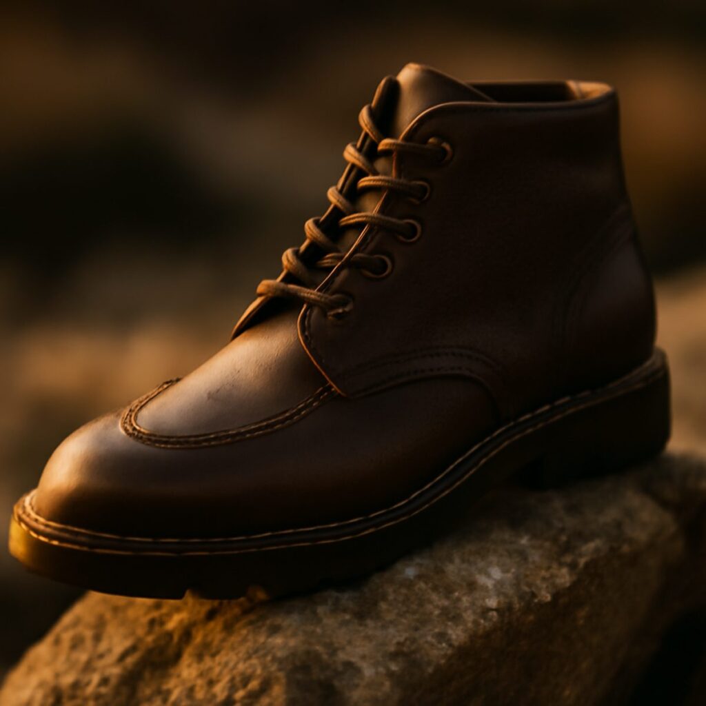 A rugged veldtschoen leather boot resting on stone in warm light, photographed close up