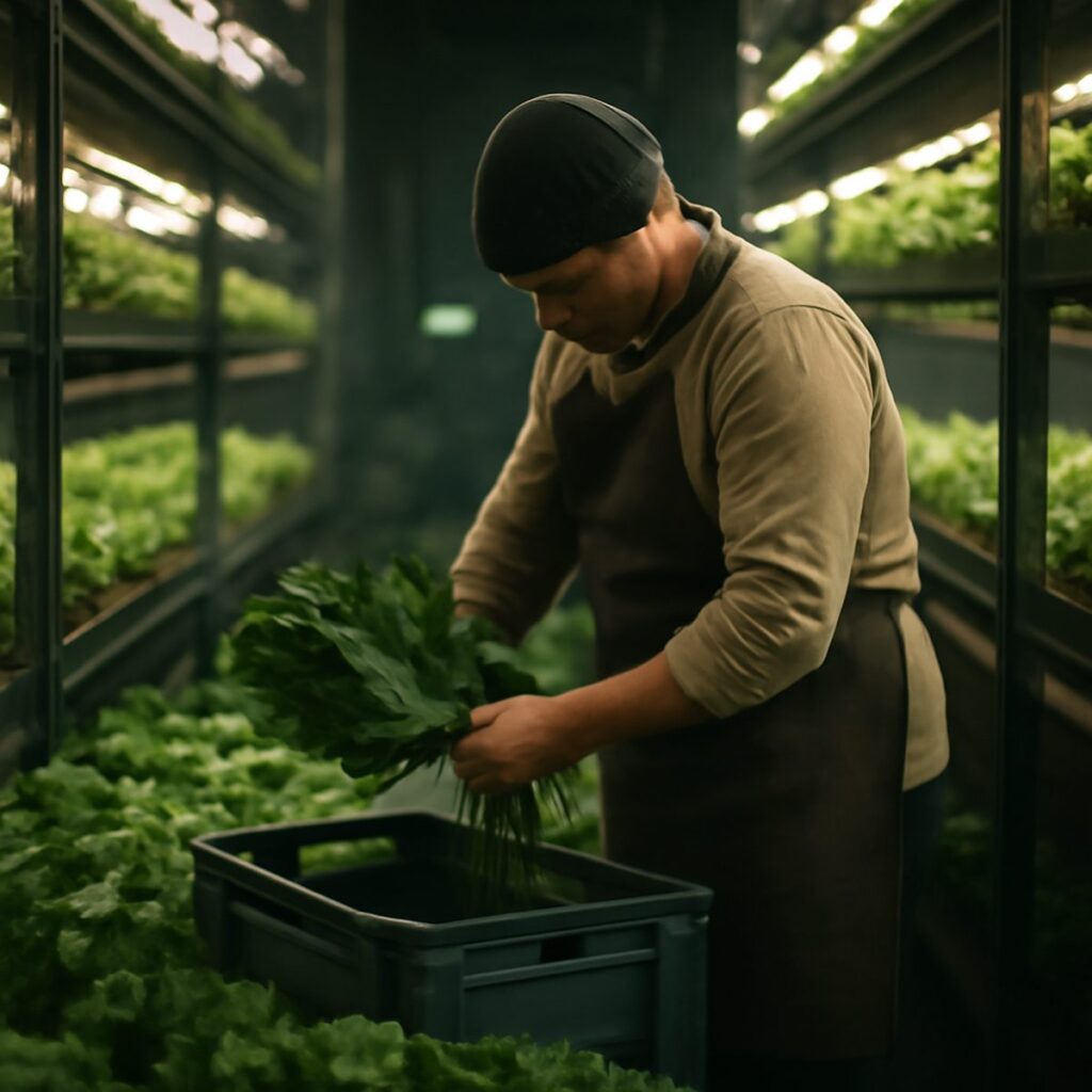 farmer harvesting leafy greens inside an urban vertical farm