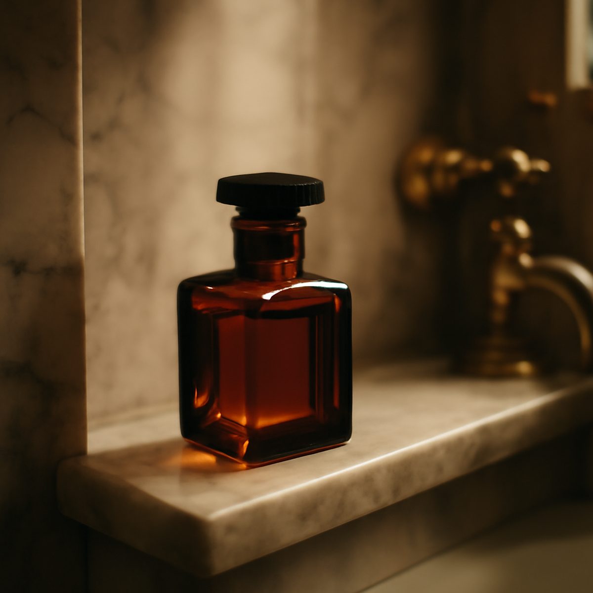 a man's hand holding an amber glass perfume bottle by a window