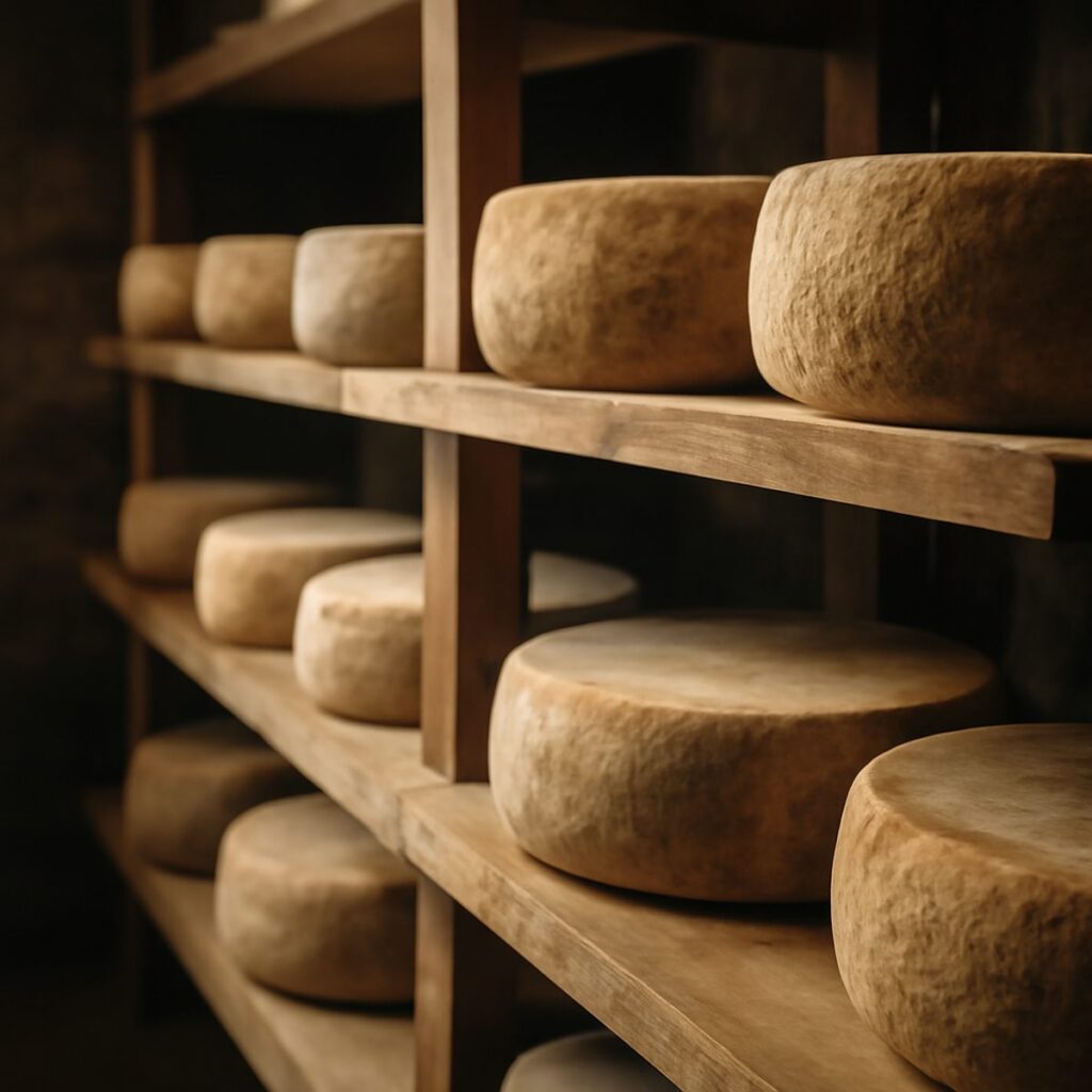 wheels of aged cheese resting on wooden shelves in a cool cave