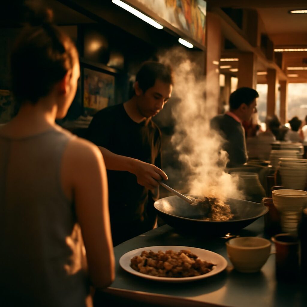 Steam rising from a wok at a Singapore hawker centre stall