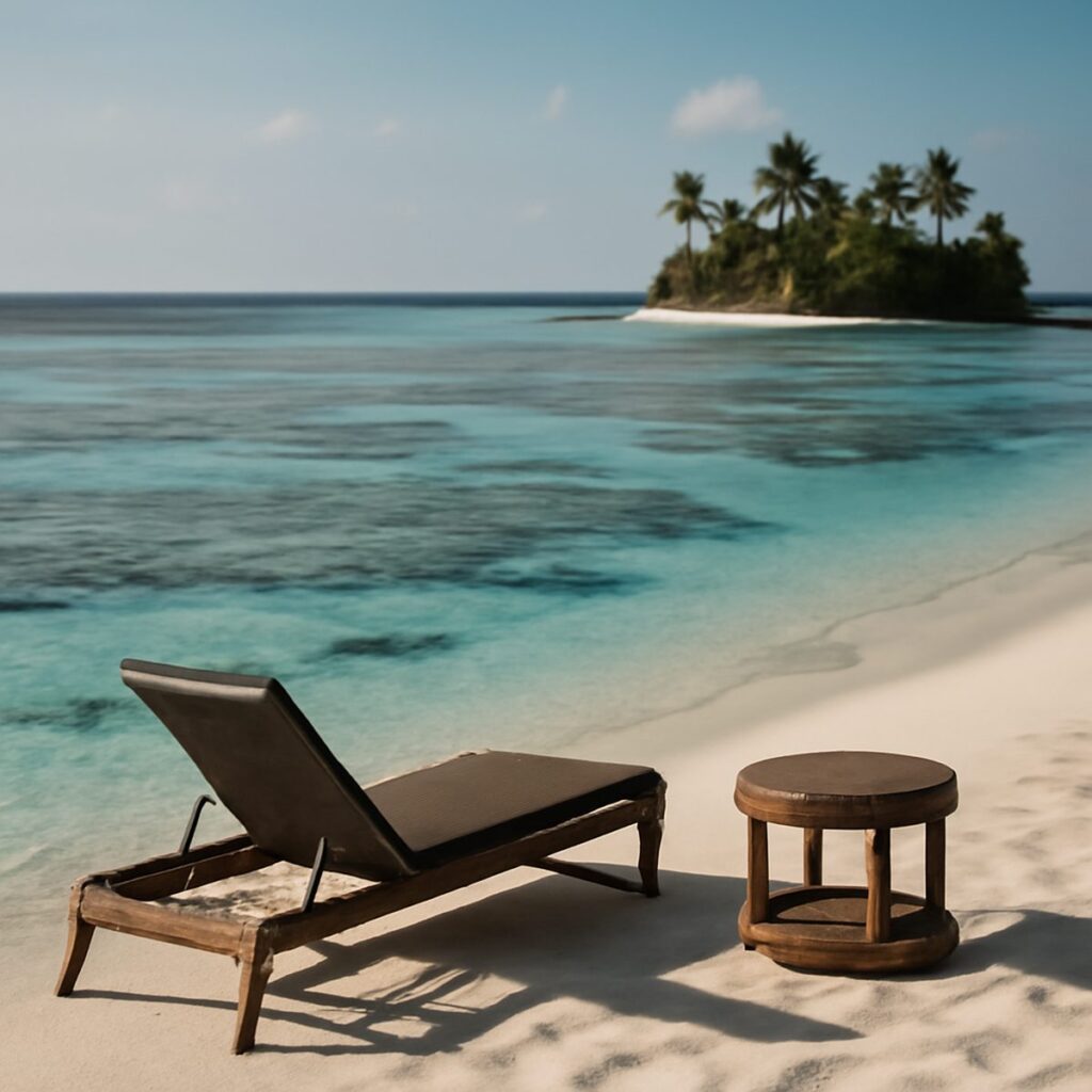Turquoise coral reef water meeting a white sand beach with distant green island