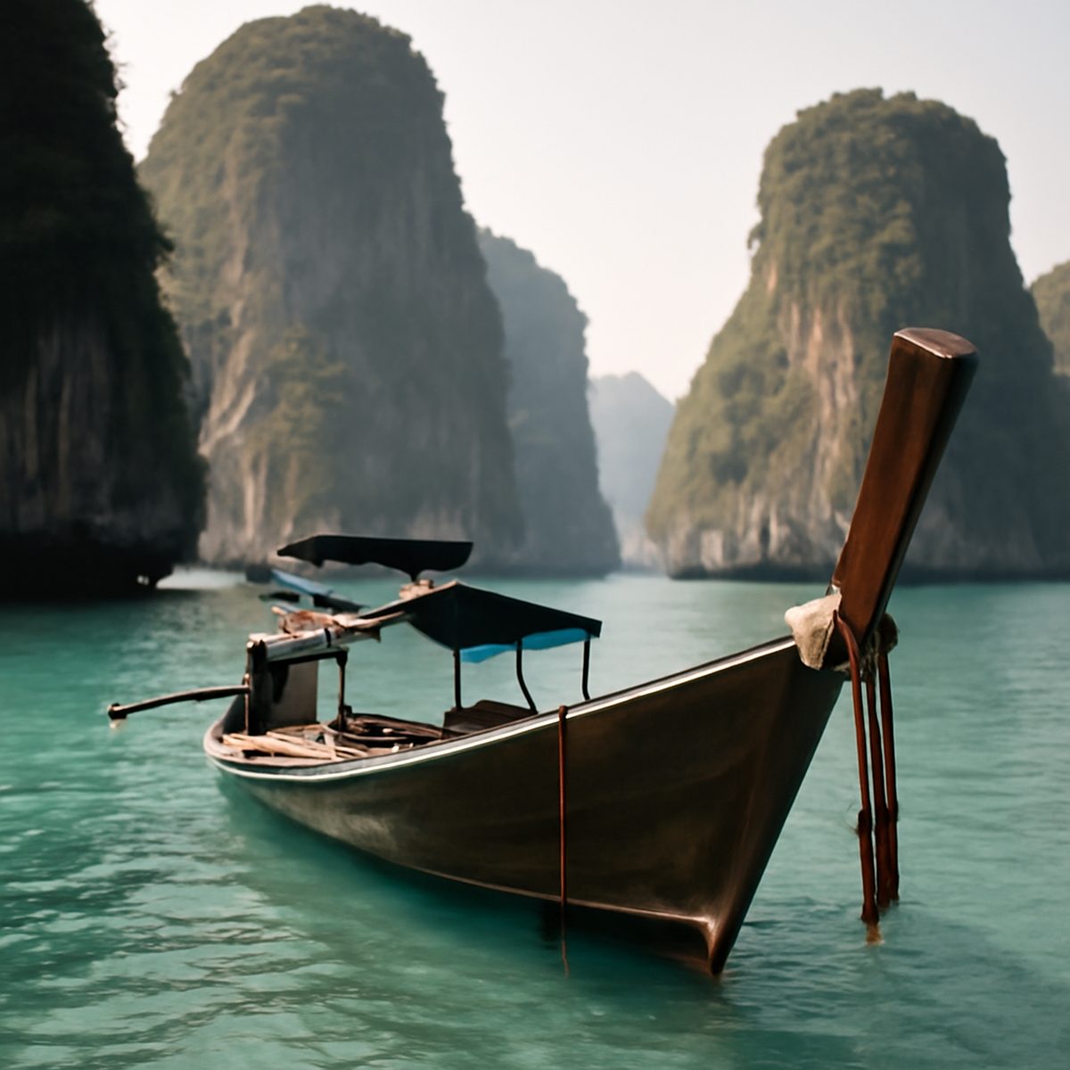 Limestone karst islands rising from turquoise water off the Thai coast