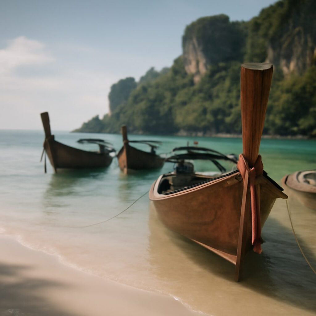 Small wooden fishing boats moored beside a clove-covered island shoreline