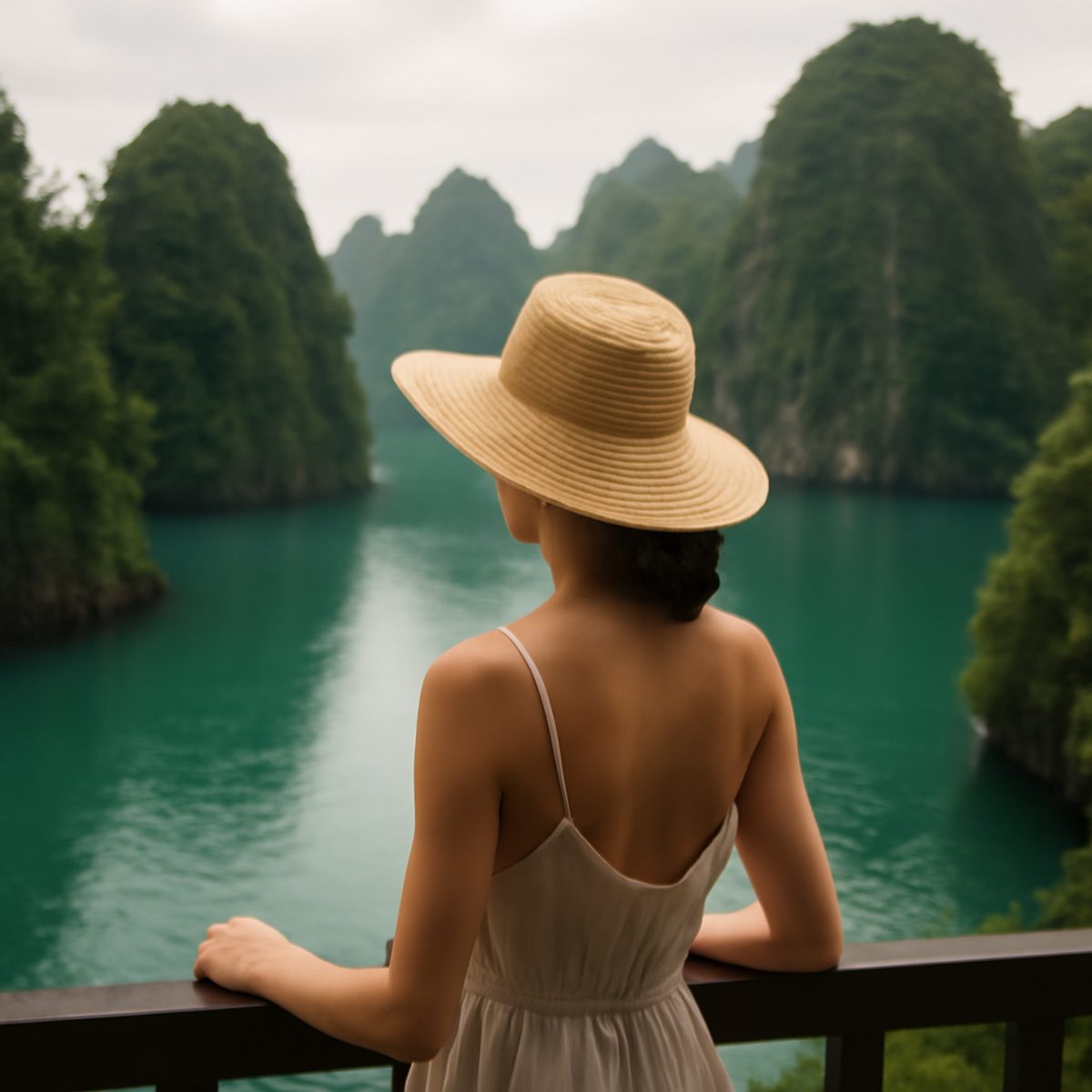 turquoise lagoon surrounded by jungle-covered limestone island peaks