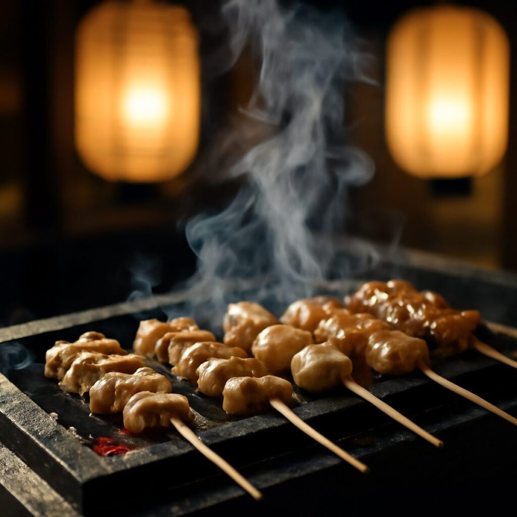 smoky yakitori grill counter with skewers and lanterns at night