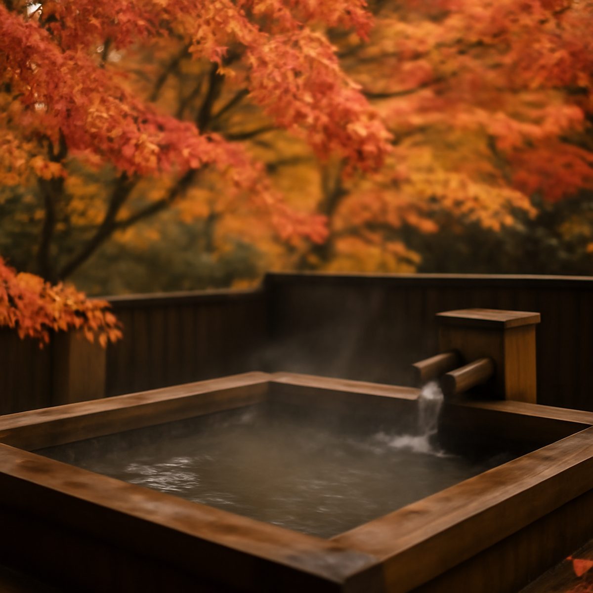 Traditional Japanese onsen bath surrounded by autumn maple trees