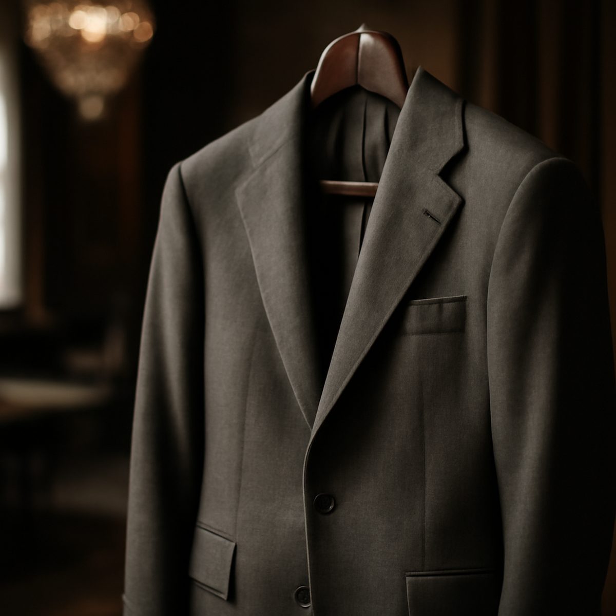 tailored grey wool suit jacket hanging on a wooden hanger