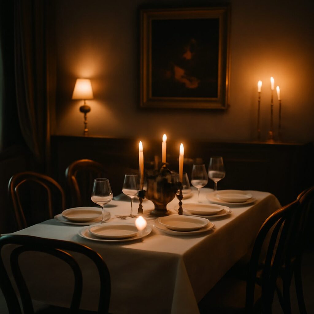 Intimate private dining room set for a small group with candlelight
