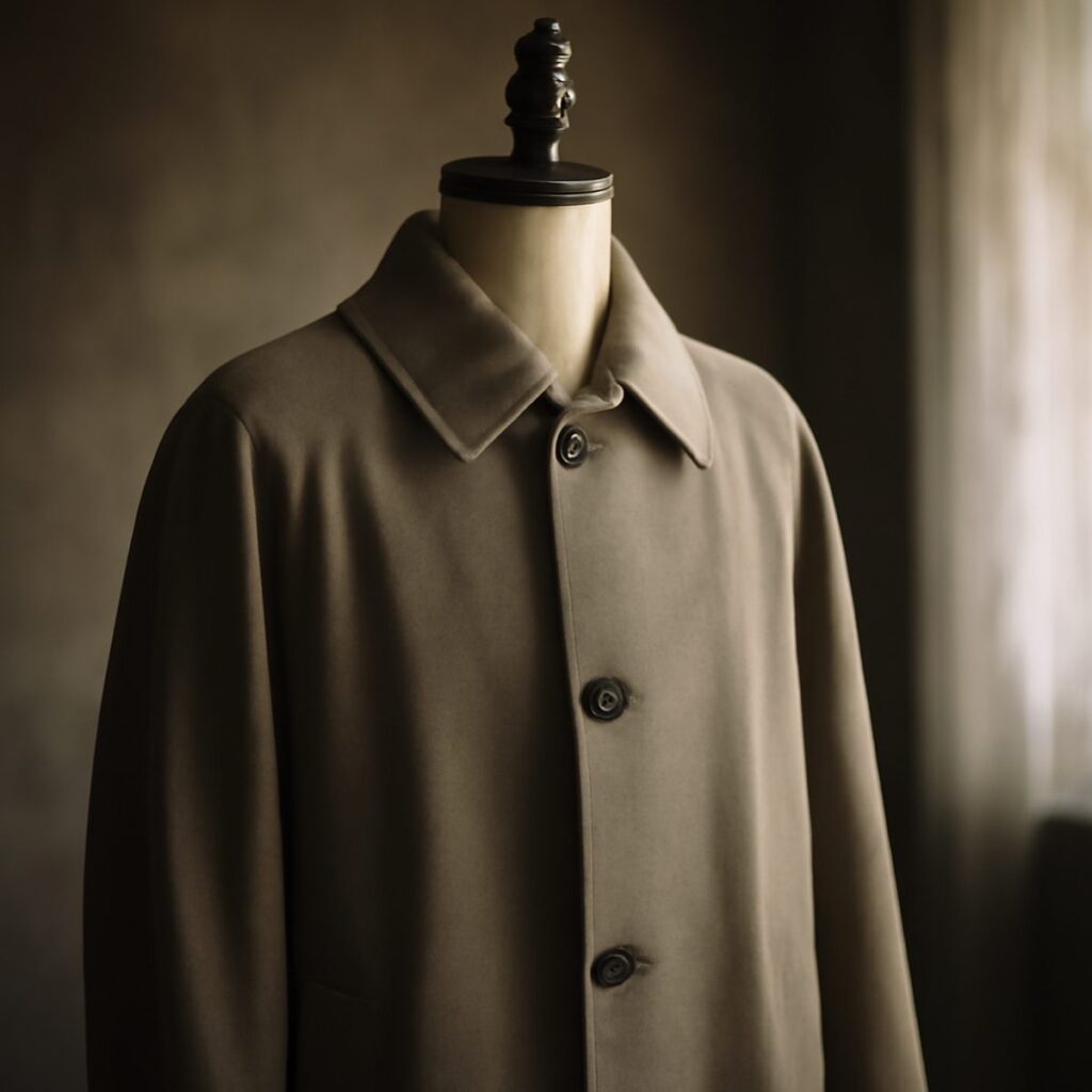 A bal collar raglan overcoat displayed on a form in soft editorial light