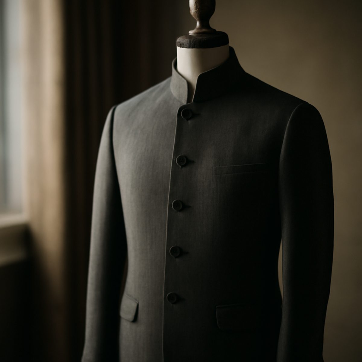 Tailored navy Nehru jacket with mandarin collar on a form under soft editorial light