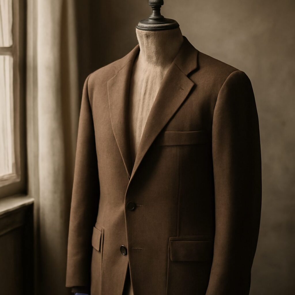 Unstructured soft-shouldered teba jacket on a tailor's form in soft editorial light