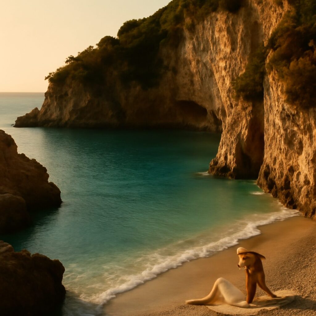 A turquoise Cilento cove framed by cliffs on the coast of Campania Italy in golden light