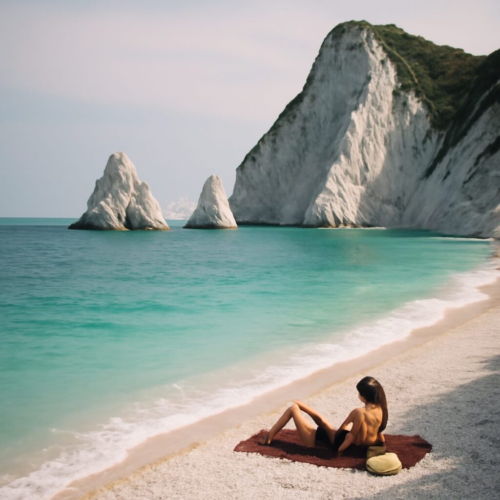 White limestone cliffs above a turquoise sea on the Conero coast of Italy