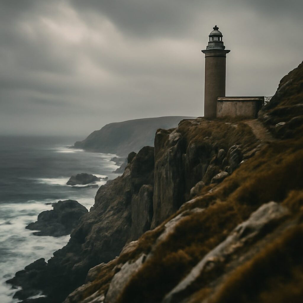 Wild Costa da Morte cliffs and a lone lighthouse under moody Atlantic skies