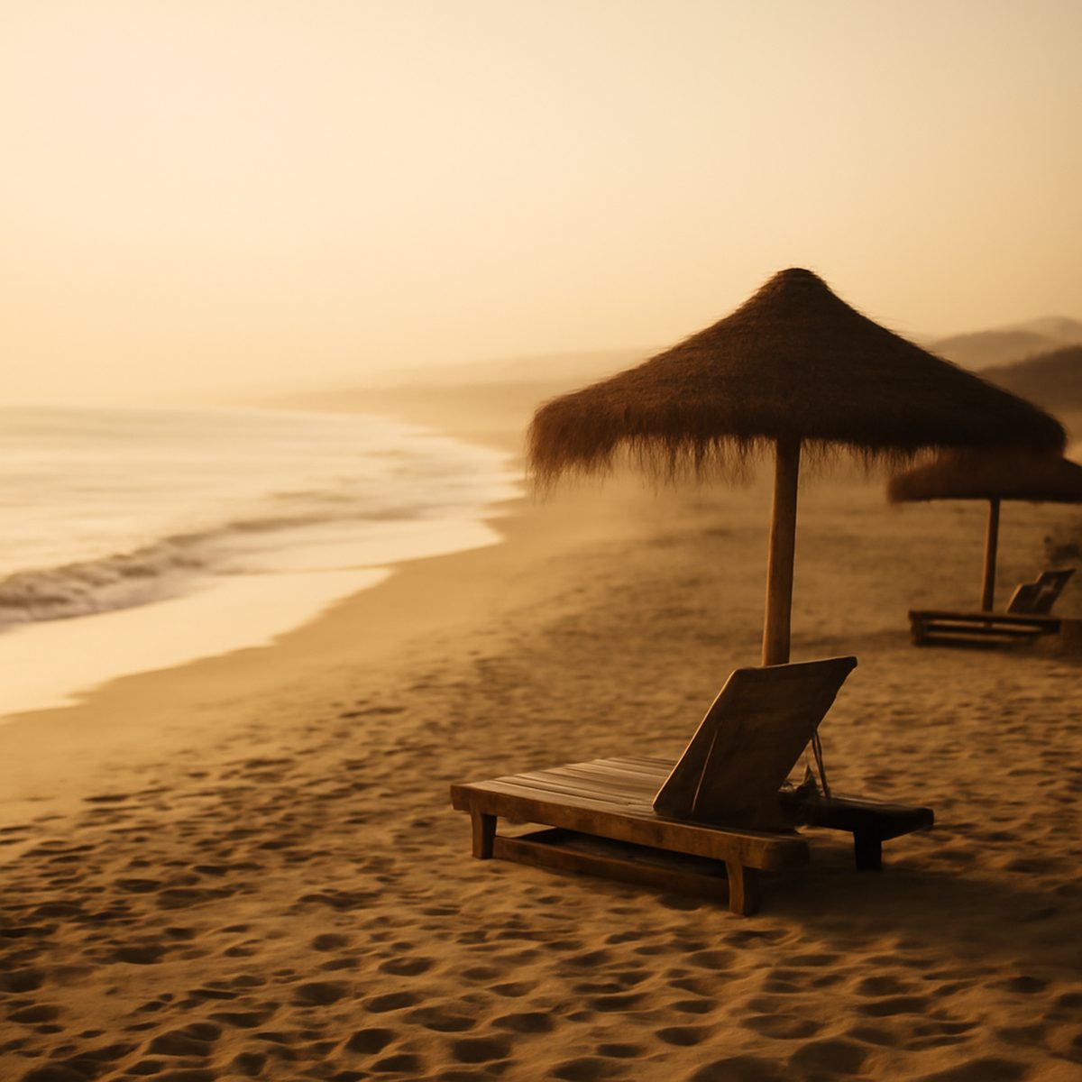 A wide empty Atlantic beach on the Costa de la Luz glowing in golden evening light