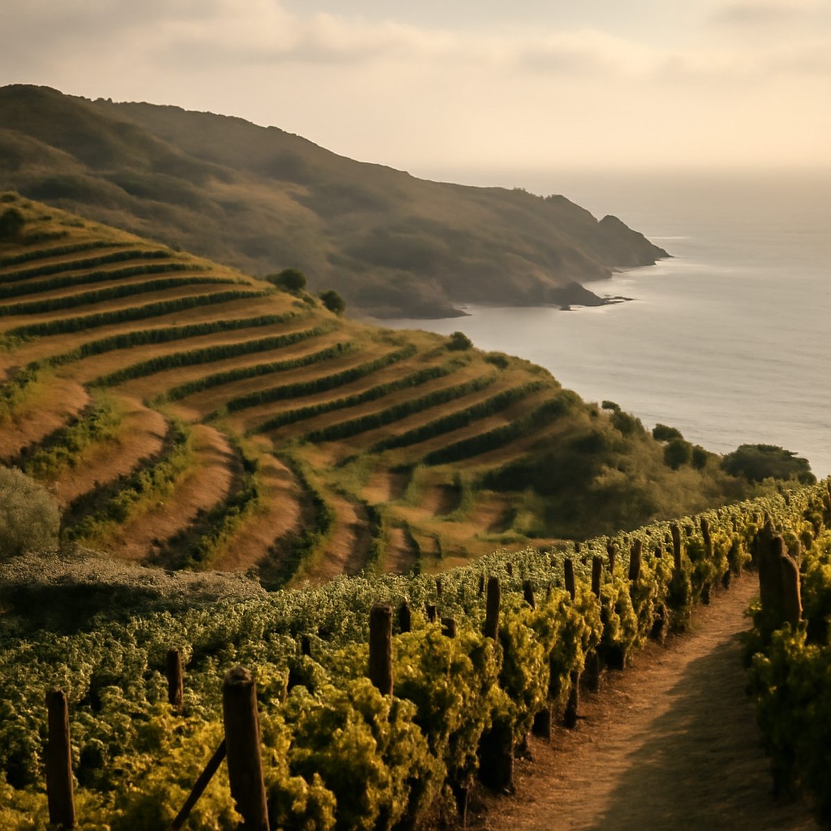 Terraced vineyards falling to the sea above the red rocks of the Cote Vermeille in France