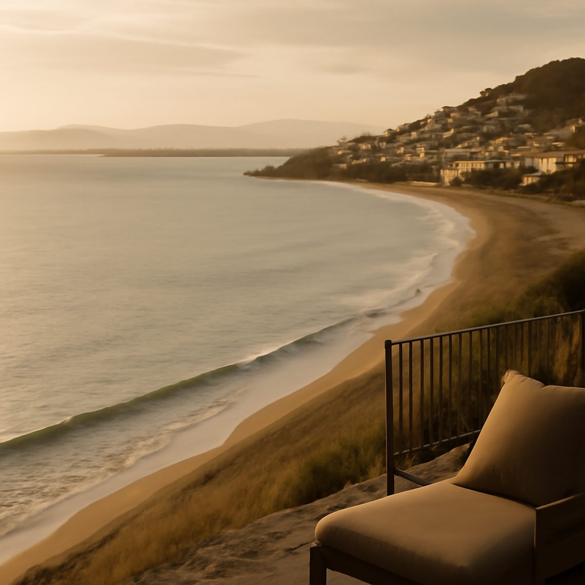 A curved sandy bay on the Gulf of Roses in Catalonia under warm golden light