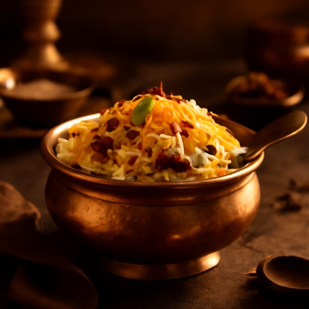 Fragrant dum biryani in a copper pot topped with saffron rice and fried onions