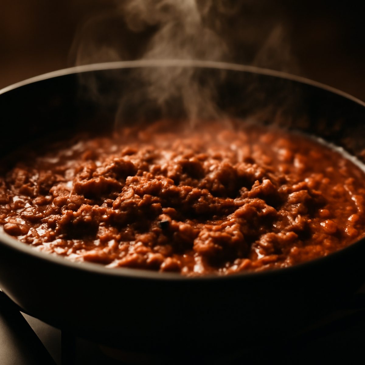 Rich meat ragu simmering slowly in a heavy pan under warm kitchen light
