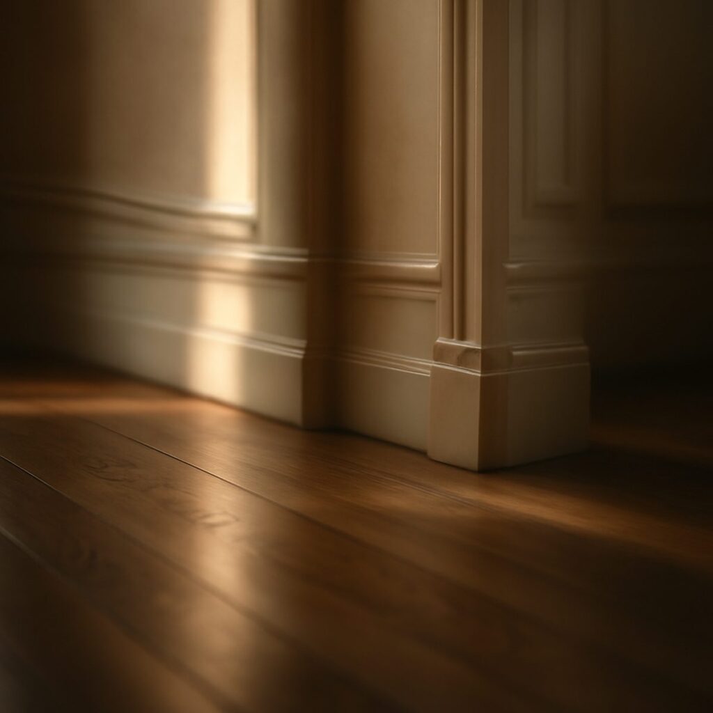 A tall painted Victorian skirting board meeting a timber floor in soft daylight