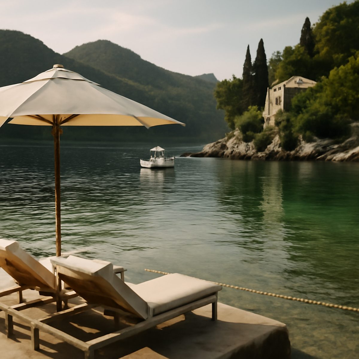 Quiet pine-fringed cove on an Elafiti island near Dubrovnik with clear turquoise Adriatic water