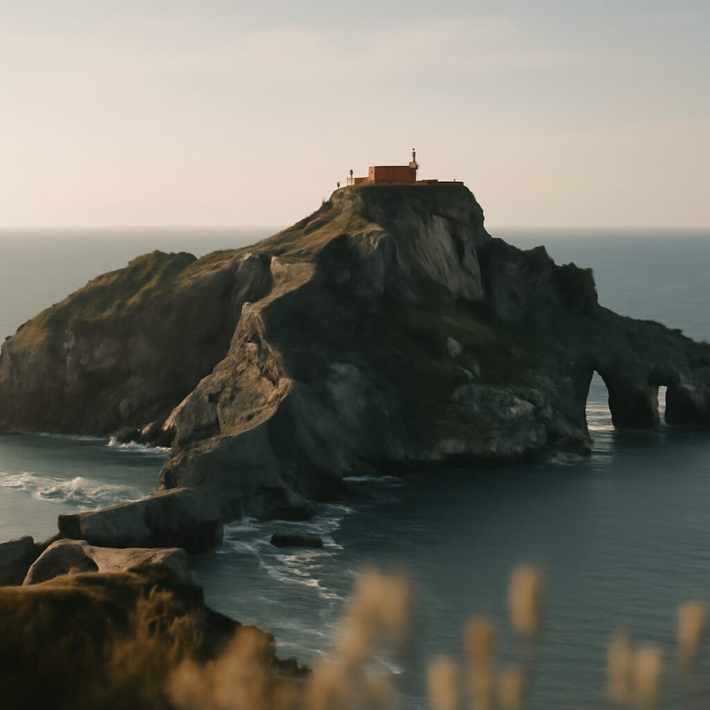 A quiet rocky island off the Basque coast under clear Atlantic light