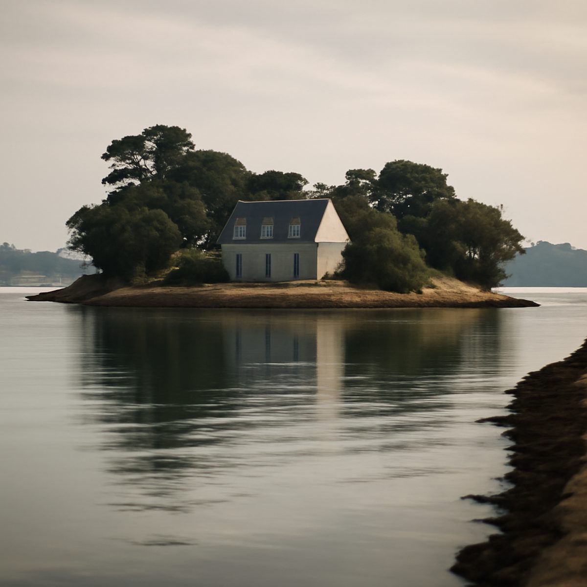 A low green island in the calm tidal waters of the Gulf of Morbihan in Brittany