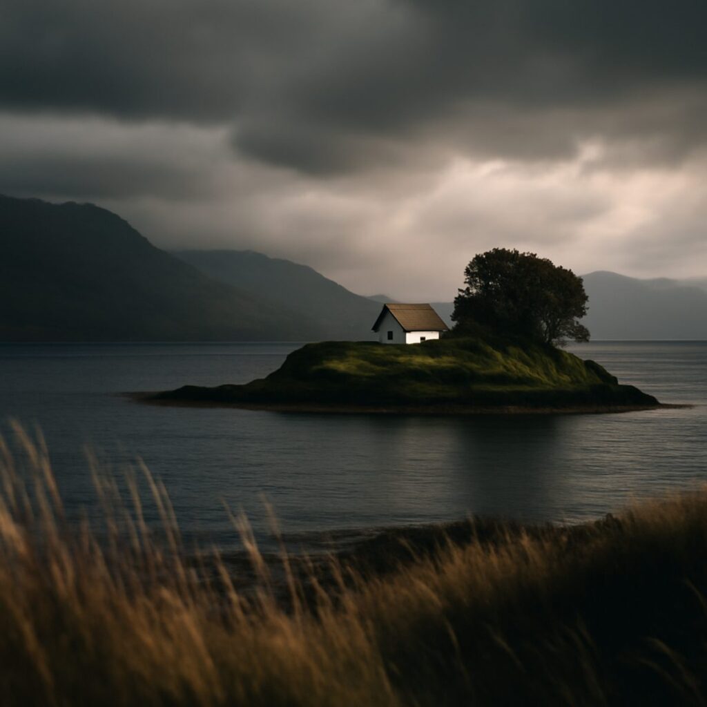A quiet island in the Sound of Mull under moody Hebridean light and low cloud