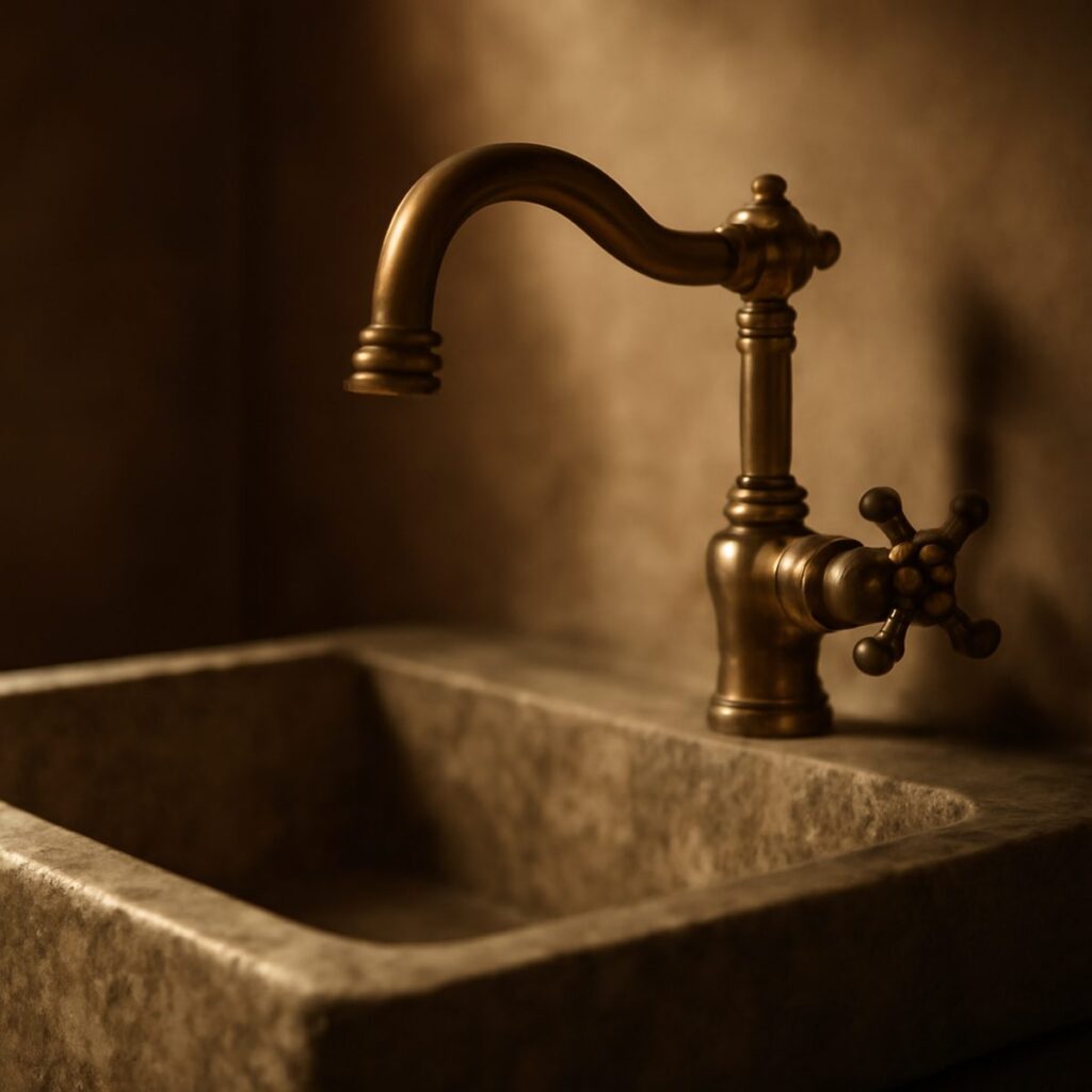 An aged unlacquered brass tap over a stone sink in warm morning light