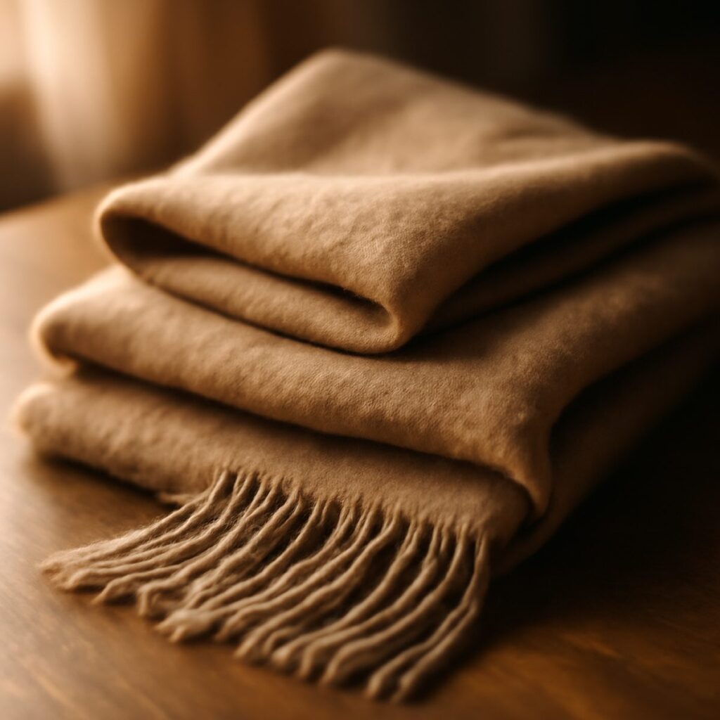 A soft folded guanaco wool scarf resting in warm natural light in close detail