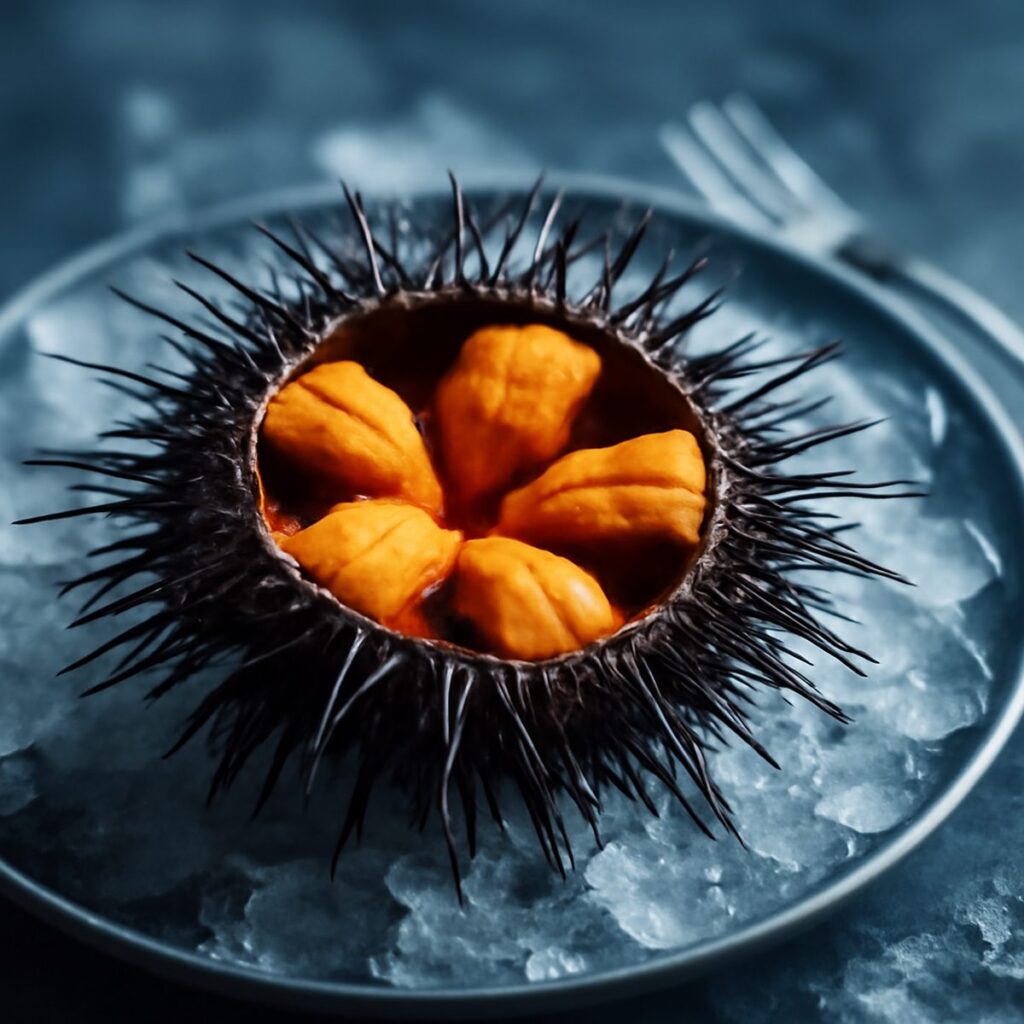 Fresh golden sea urchin uni arranged on crushed ice under cool light, close up