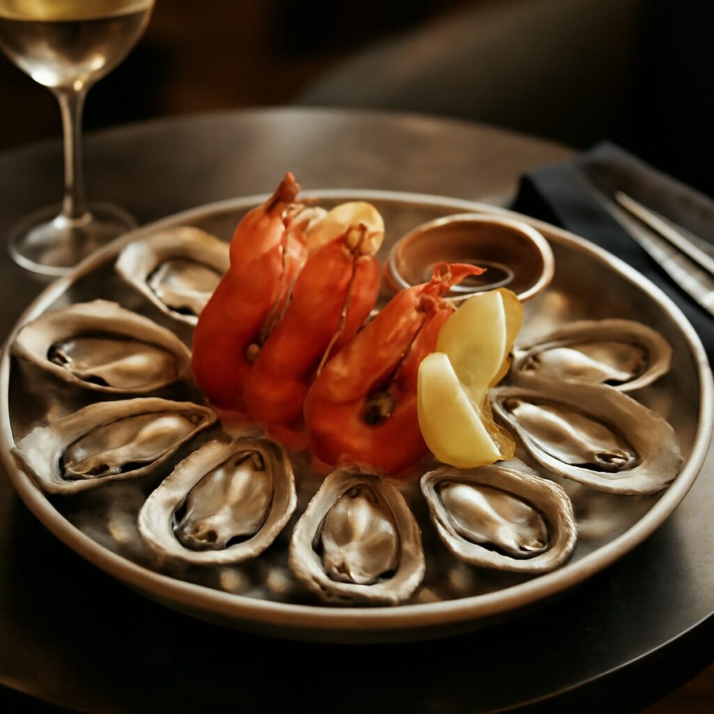 An iced seafood platter of oysters and prawns arranged on crushed ice