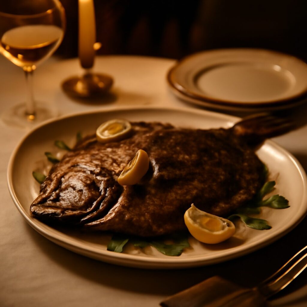 Whole roasted turbot on an elegant platter presented under warm restaurant light