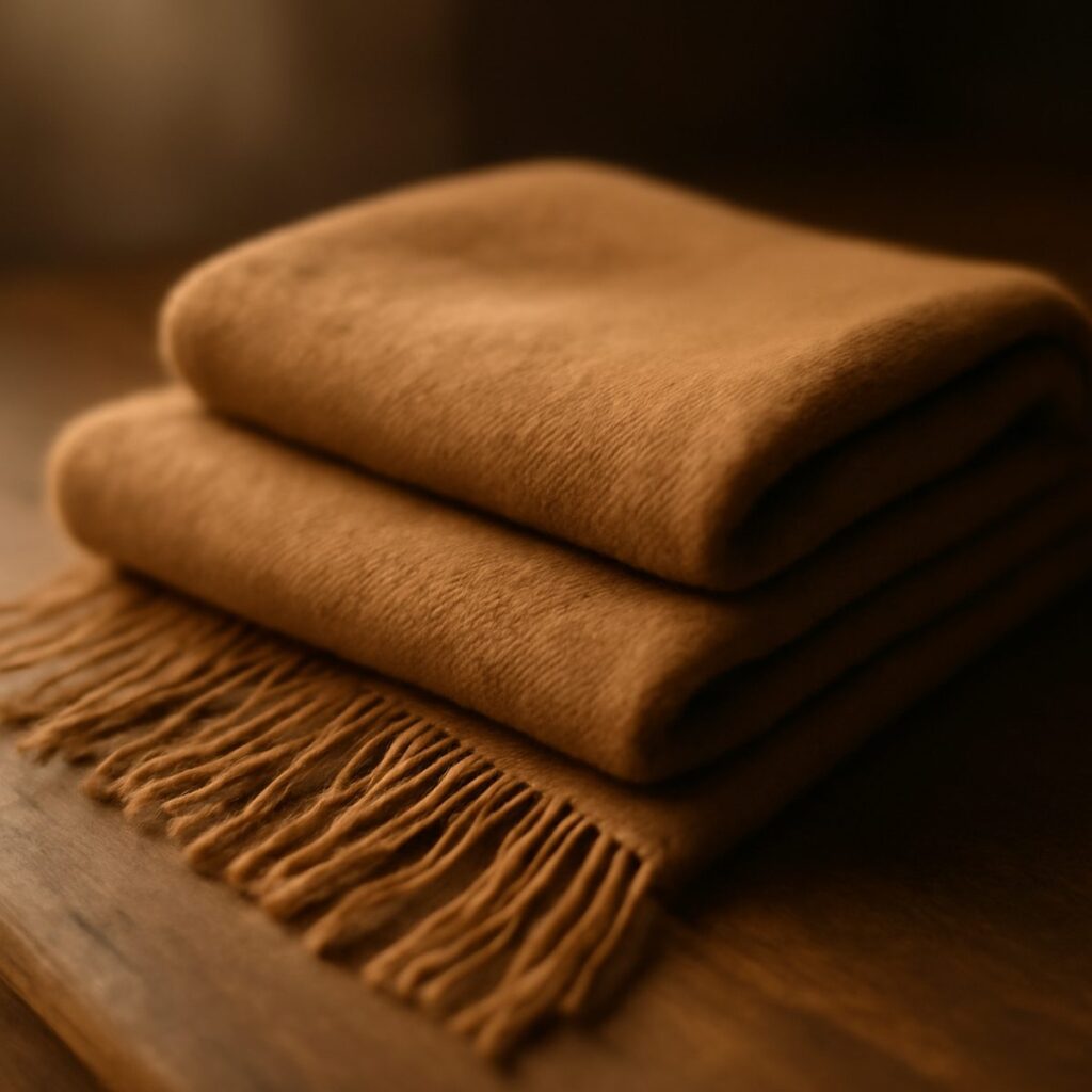 Impossibly soft folded vicuna scarf resting in warm natural light on linen