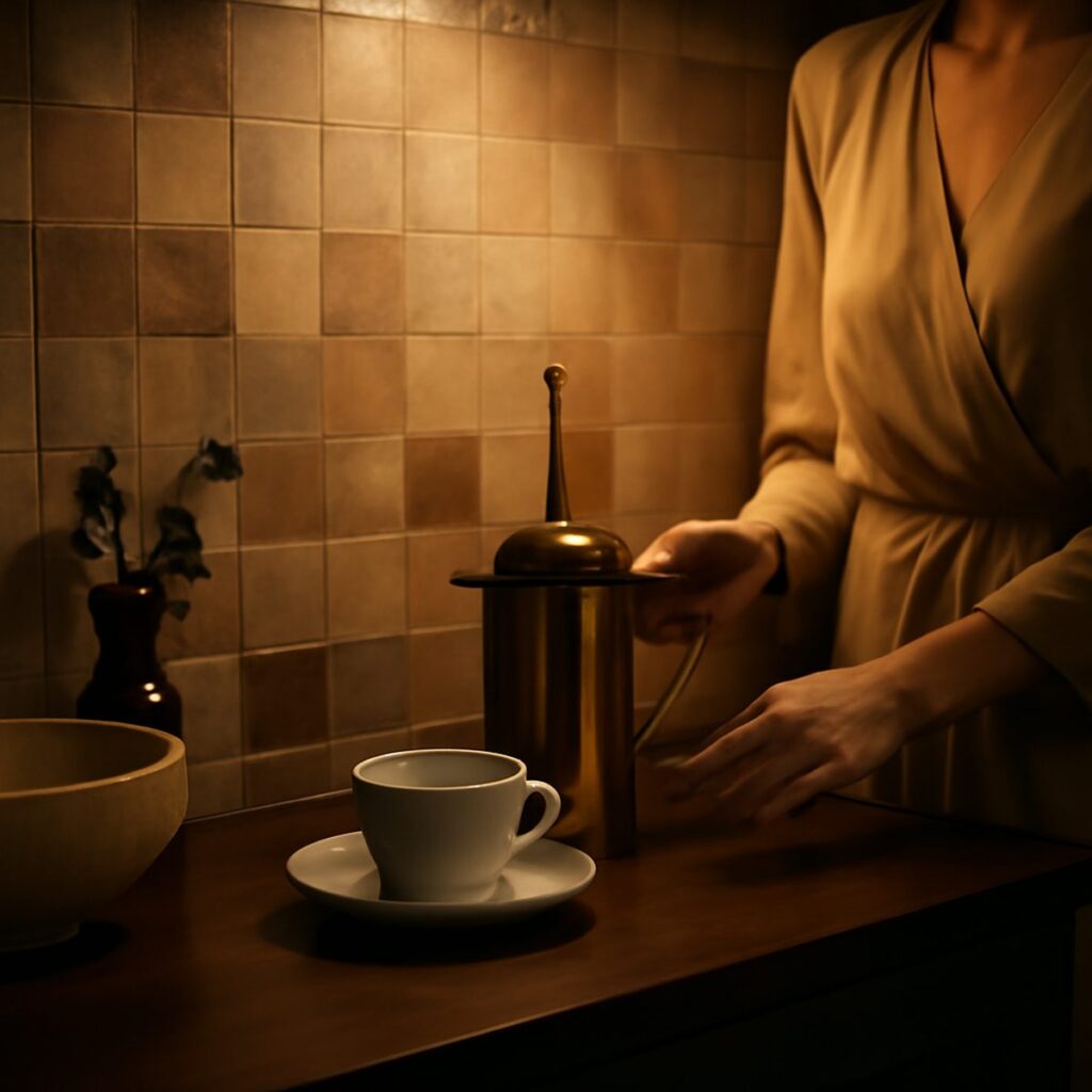 A glossy zellige tile splashback with colour variation catching warm light above a counter