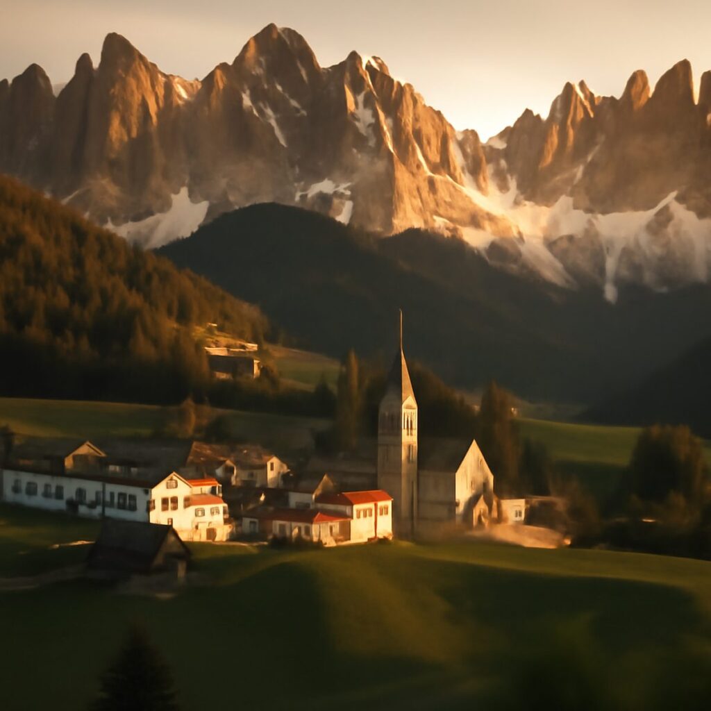 An alpine village of timber houses below jagged pale Dolomite peaks at golden hour