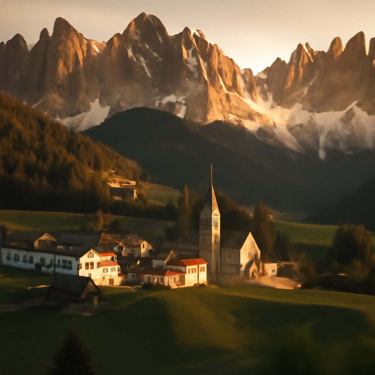 An alpine village of timber houses below jagged pale Dolomite peaks at golden hour
