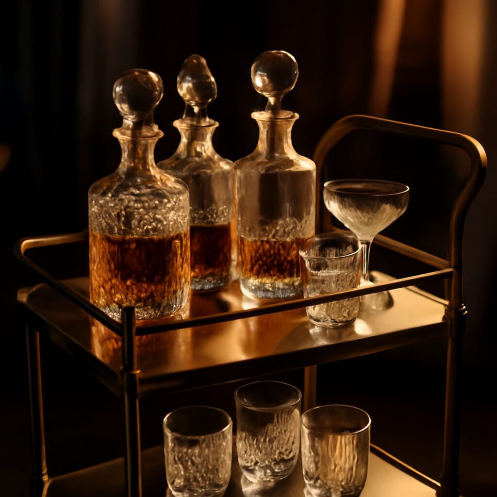 Brass bar cart with crystal decanters and glassware in evening light