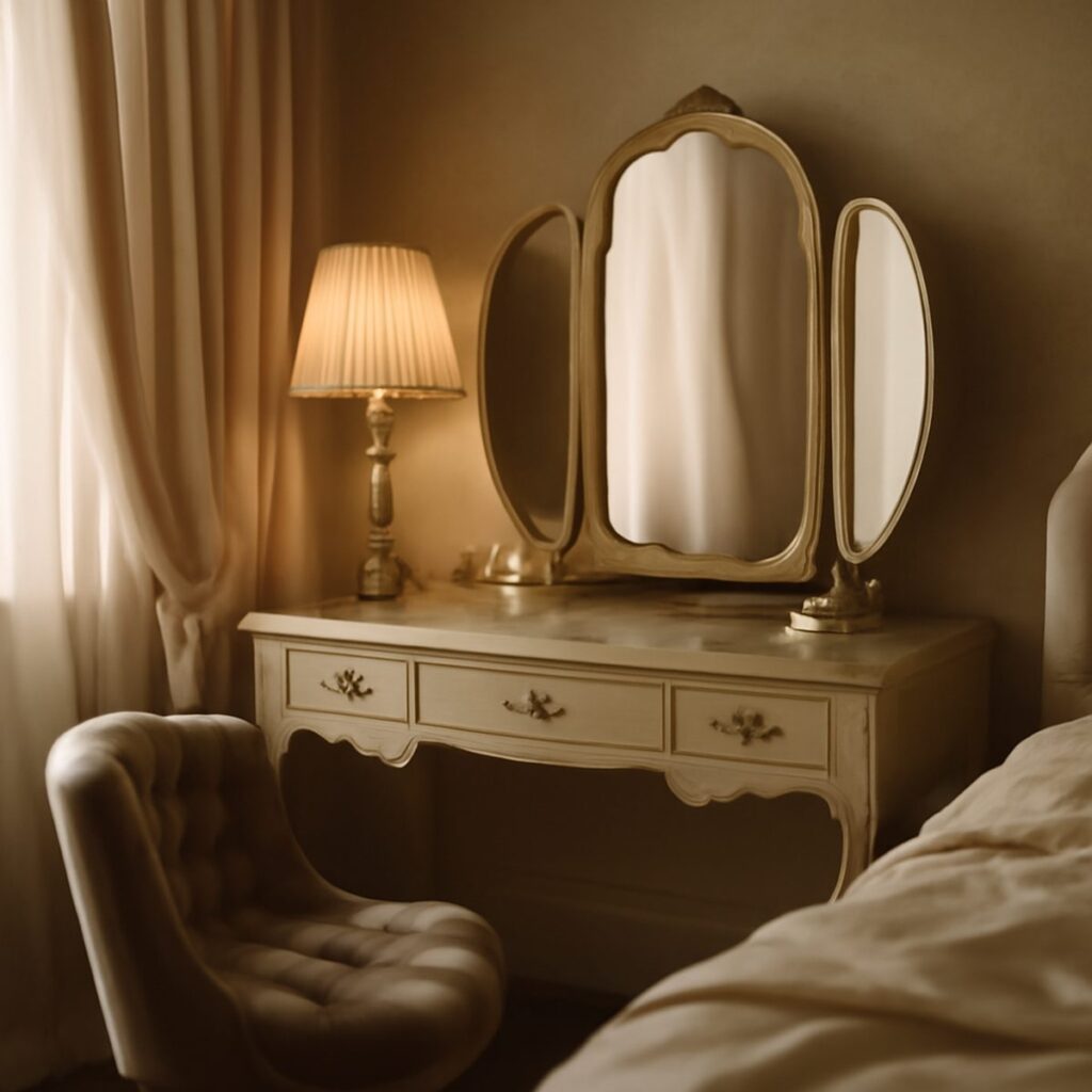 An elegant boudoir with a dressing table, mirror and upholstered stool in soft diffused light