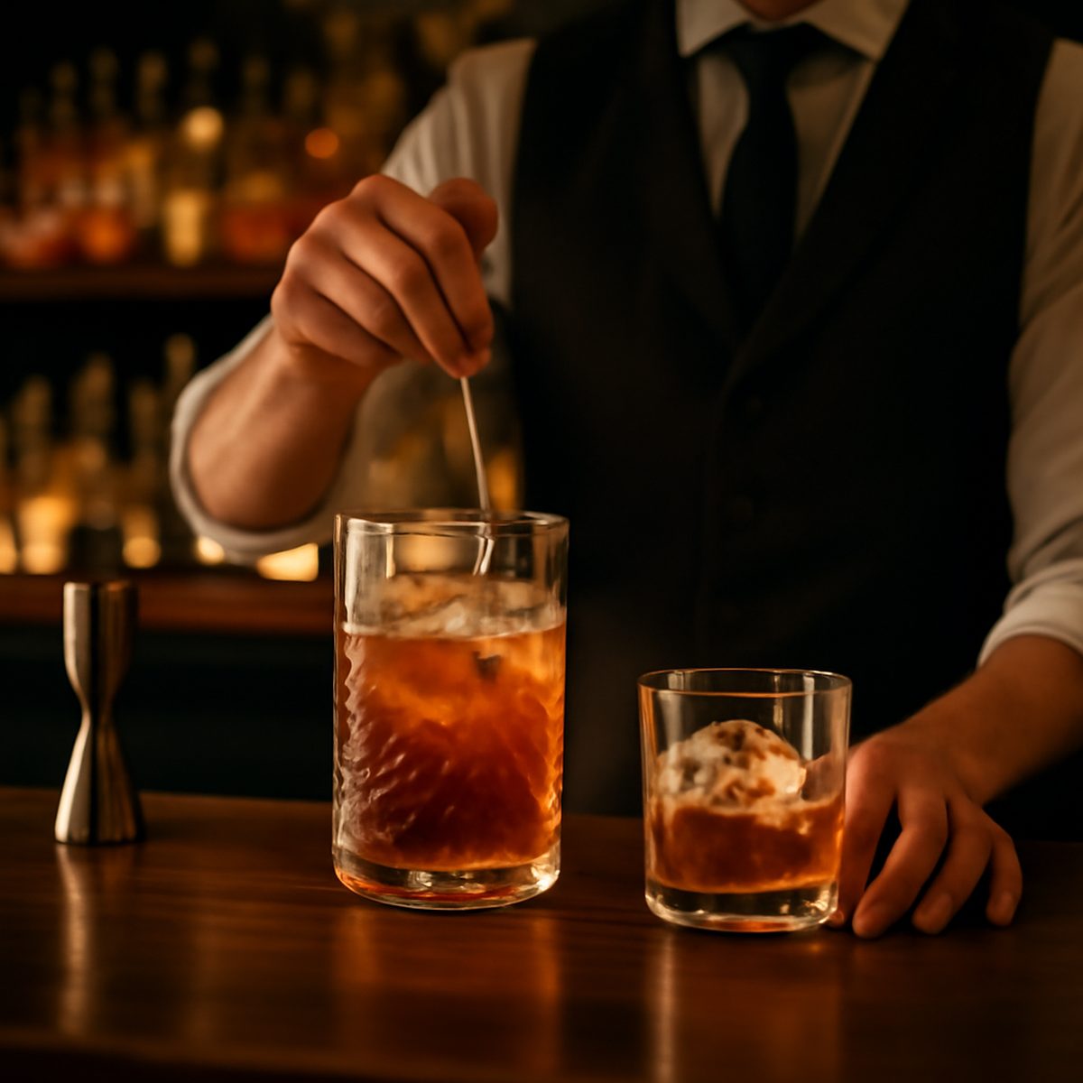 Bartender stirring a clear cocktail behind a dimly lit wooden bar