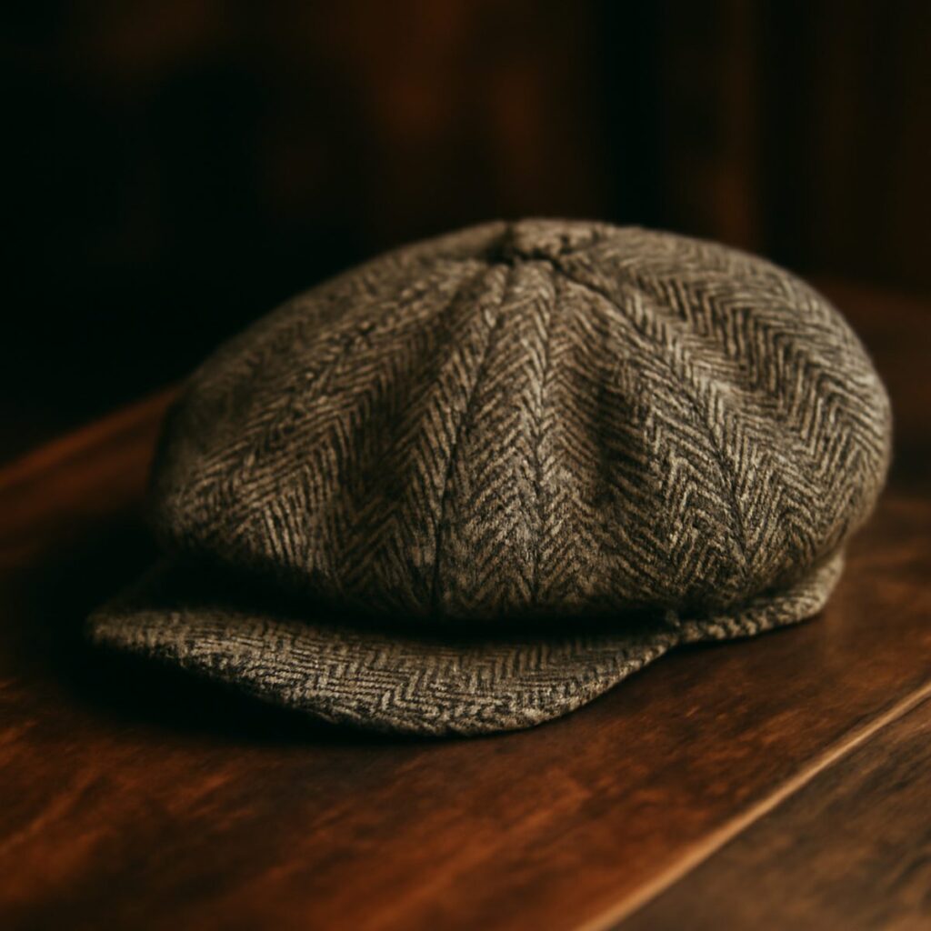 A brown tweed flat cap resting on a rustic wooden surface photographed as a still life