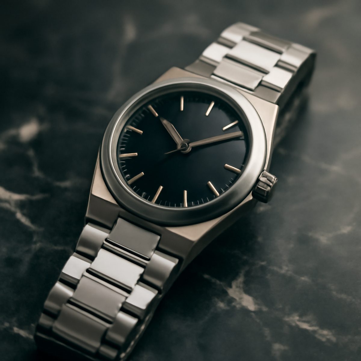 steel sports watch with integrated bracelet resting on a marble countertop