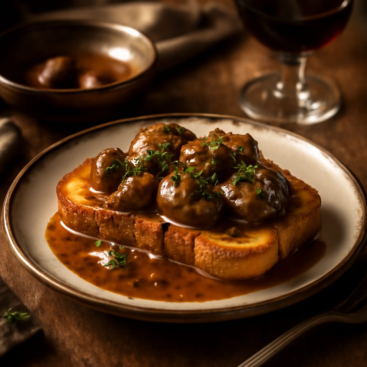 Devilled lamb kidneys in glossy peppery sauce spooned over buttered toast at breakfast