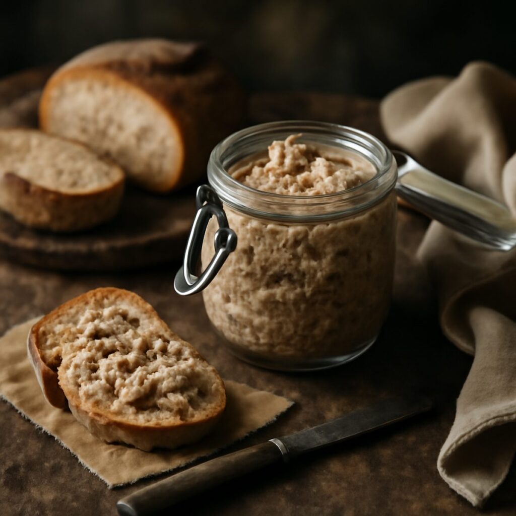 A jar of pork rillettes with crusty bread on a rustic table in soft light