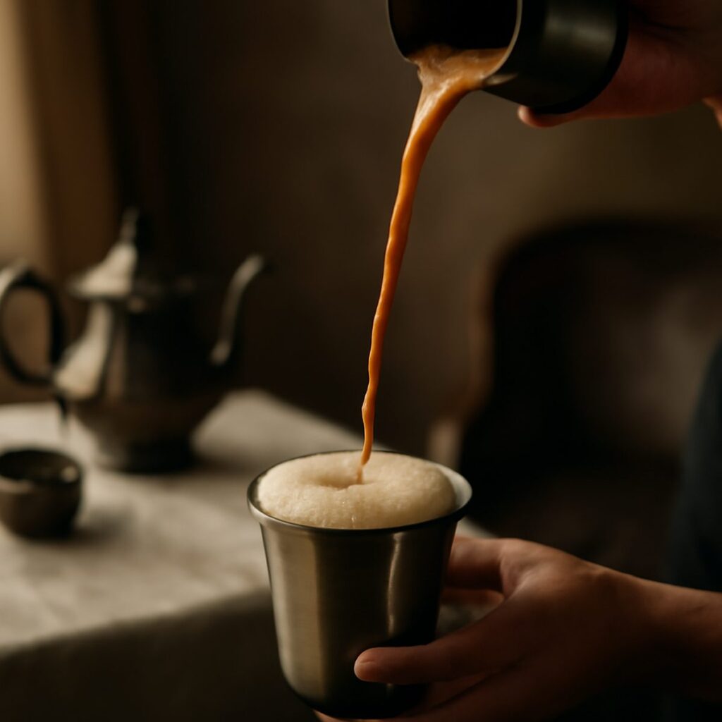 tea being poured in long stream between two metal cups creating froth