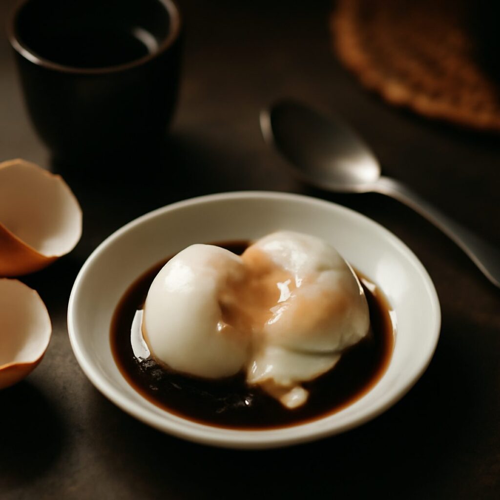 two soft boiled eggs cracked into a saucer with soy sauce and white pepper