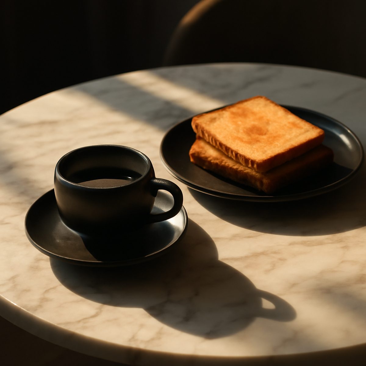 Marble-top table with kopitiam coffee cup and kaya toast in morning light