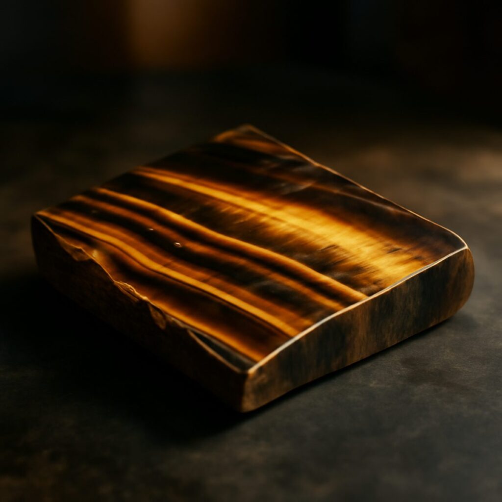 Close-up of golden-brown tiger's-eye watch dial catching light