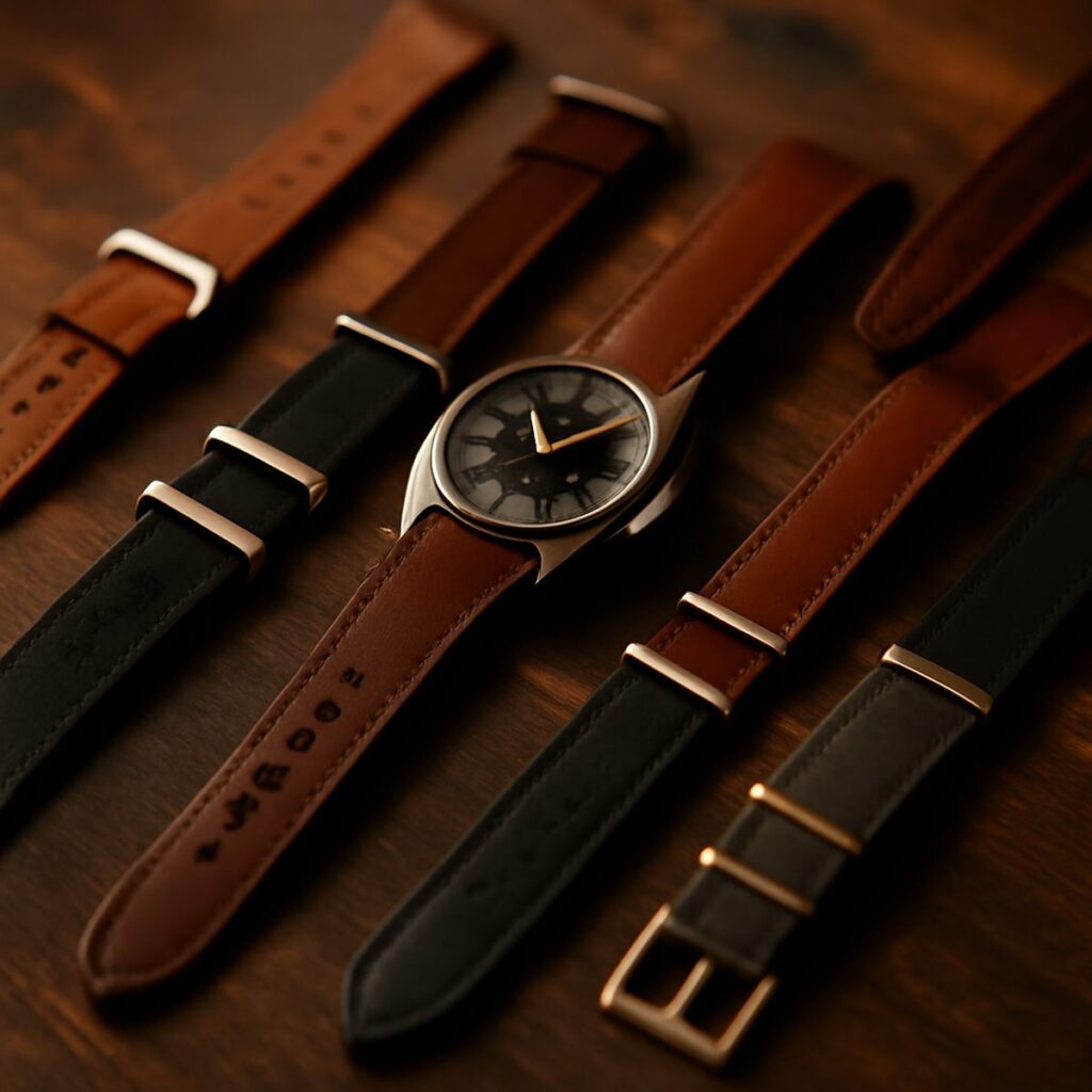 Collection of leather and canvas watch straps arranged on a table